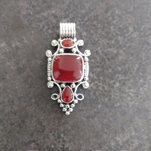 Red Agate Silver Tibetan Silver Pendant - Picture 2 of 5